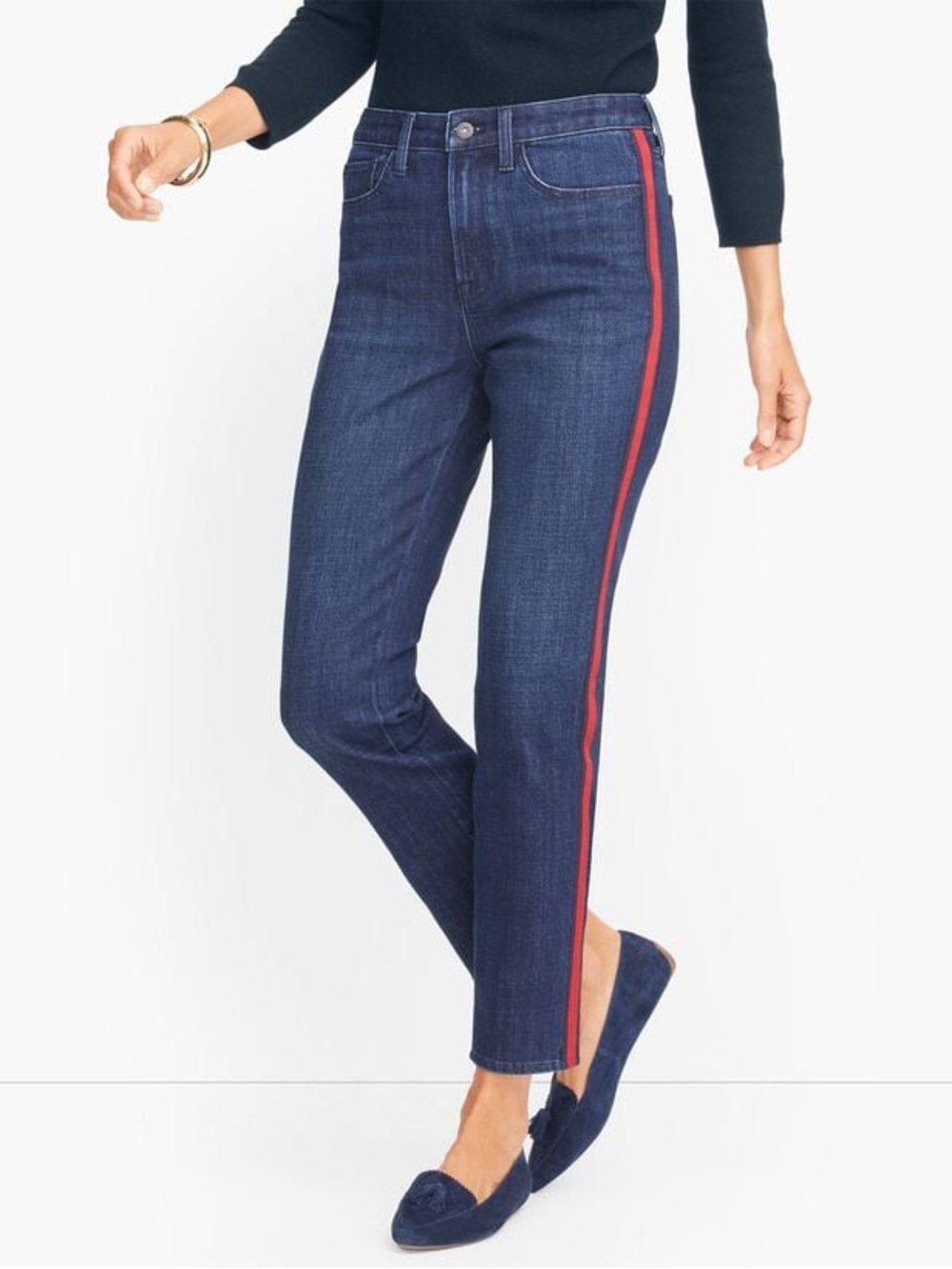 Talbots Flawless High Waisted Modern Ankle Dark Blue Jeans with Red Side Stripes